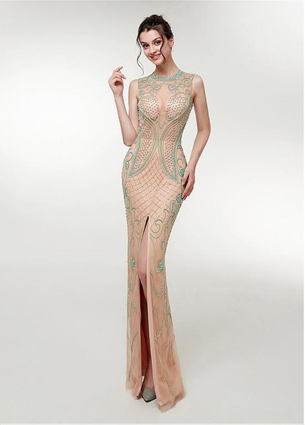 Tulle Jewel Champagne Long Mermaid Beading Prom Evening Dress 