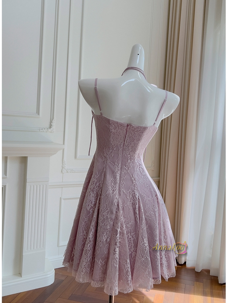 Shop 2024 ANNAKOO Purple Lace A Line Halter Flower Short Mini Homecoming Dress Under 97