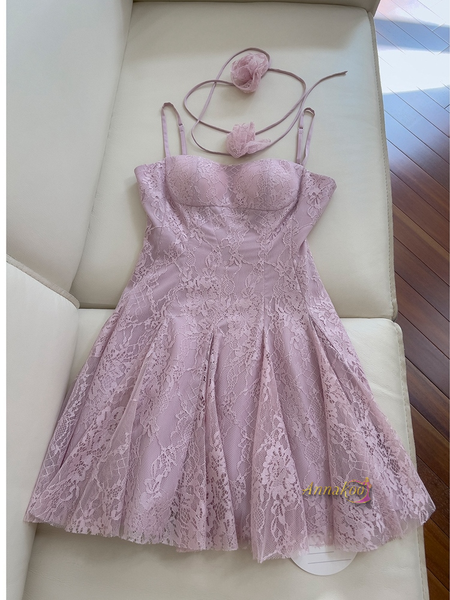 Shop 2024 ANNAKOO Purple Lace A Line Halter Flower Short Mini Homecoming Dress Under 97