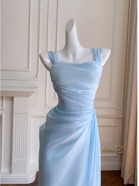 Shop 2024 ANNAKOO Blue Chiffon Ruched Tea Length Sheath Column Party Dress Under 99