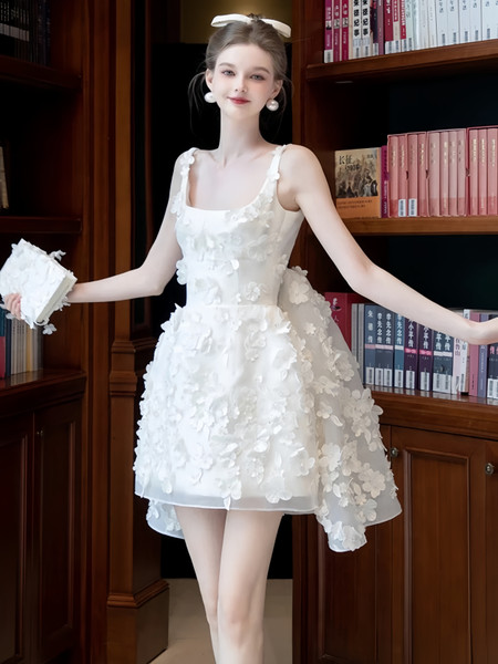 Shop 2024 ANNAKOO Square Short Mini A Line Flowers Backless Wedding Dress Under 169