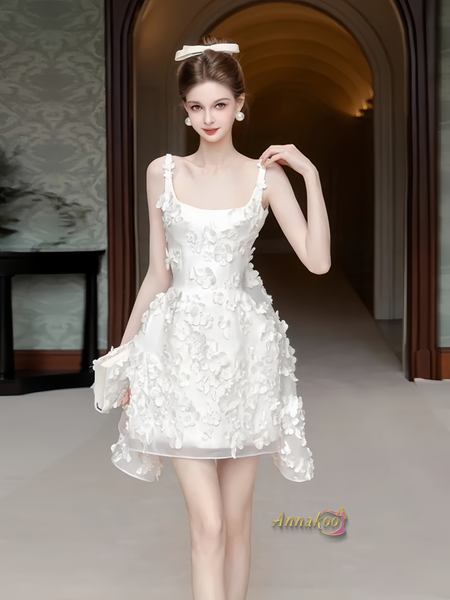 Shop 2024 ANNAKOO Square Short Mini A Line Flowers Backless Wedding Dress Under 169