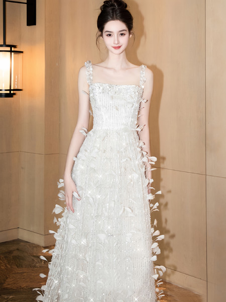 Shop 2024 ANNAKOO Feather Sequin A Line Straps Sequin Wedding Dress Under 399