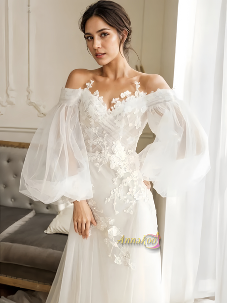 Shop 2024 ANNAKOO Long Sleeve Tulle A Line Appliques Wedding Dress Under 198