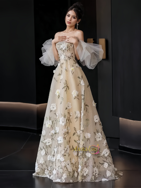 Shop 2024 ANNAKOO Floral Sweetheart A Line Puffy Sleeve Prom Dress Under 189
