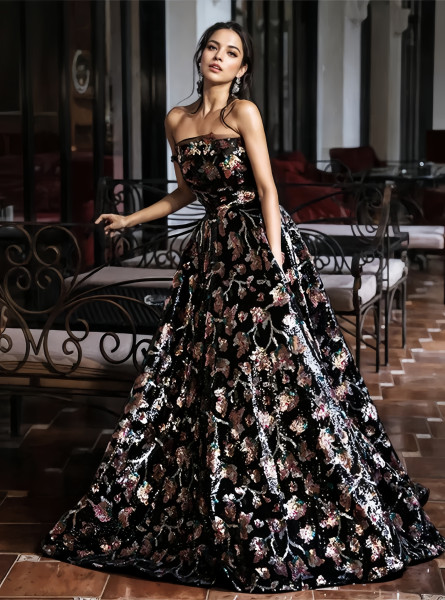 Shop 2024 ANNAKOO Floral Sweetheart A Line Black Sequin Prom Dress Under 189