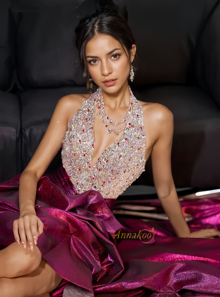 Halter Beading Purple Satin A Line Prom Dress With Slit