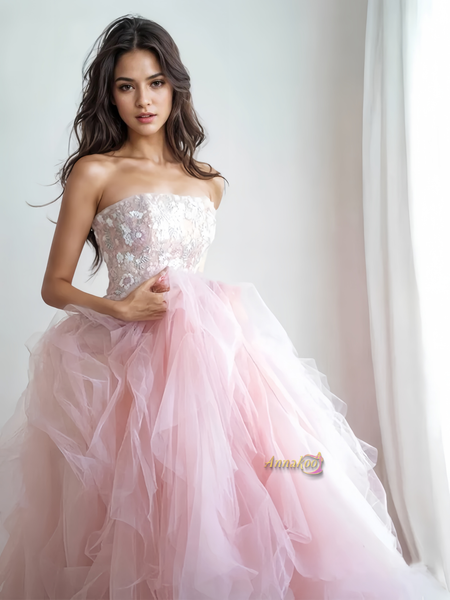 Shop 2024 ANNAKOO Pink Flowers Appliques Tulle Strapless A Line Prom Dress Under 179