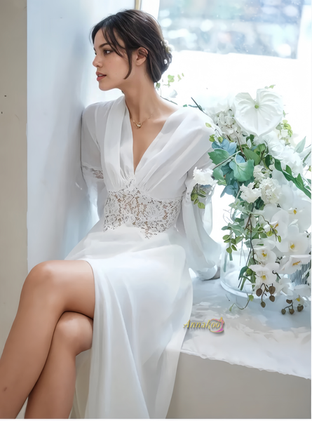 Shop 2024 ANNAKOO  Long Sleeve V Neck Lace Sheer Waist Wedding Dress Under 189