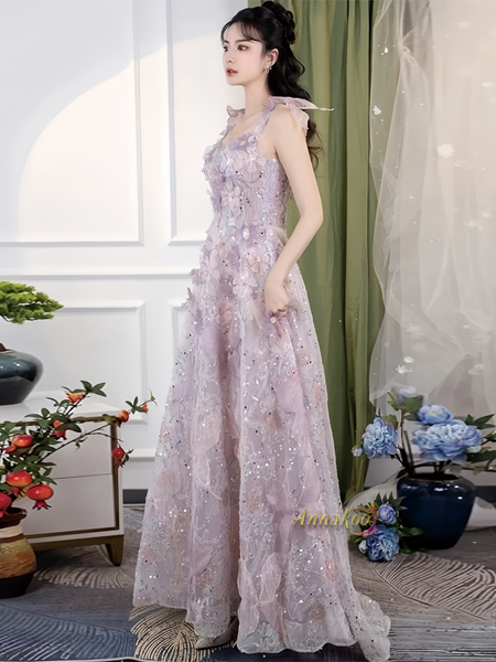 Shop 2024 ANNAKOO Floral Colorful Purple A Line Tulle Prom Dress  Under 169