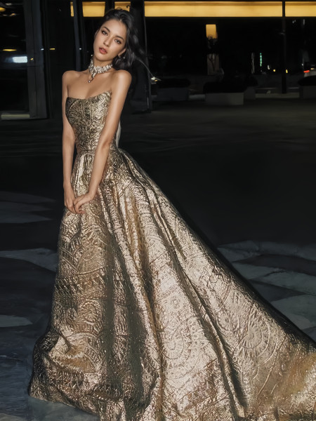 Sweethert Gold Print A Line Backless Prom Dress