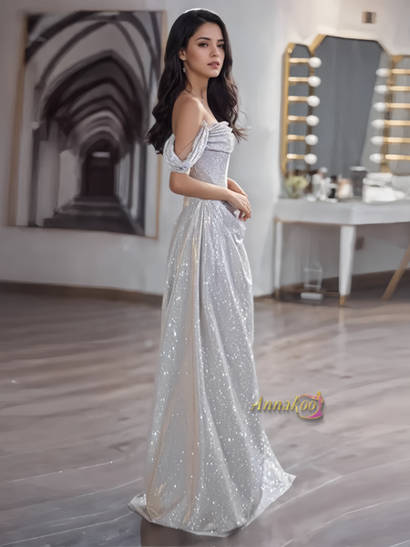 Shop 2024 ANNAKOO Silver Off The Shoulder Trumpet Mermaid Ruched Prom Dress Under 139