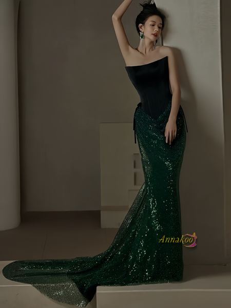 Shop 2024 ANNAKOO Dark Green Velevt Sequin Trumpet Mermaid Prom Dress Under 149