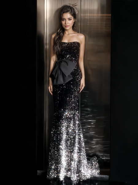 Shop 2024 ANNAKOO Black Bow Sweetheart Trumpet Mermaid Sequin Prom Dress Under 139