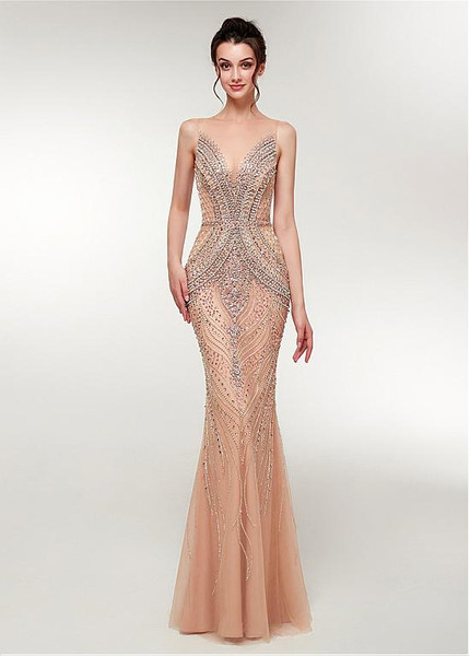 Jewel Coral Long Beading See Through Mermaid Evening Dress