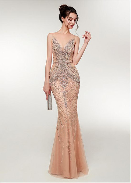 Jewel Coral Long Beading See Through Mermaid Evening Dress