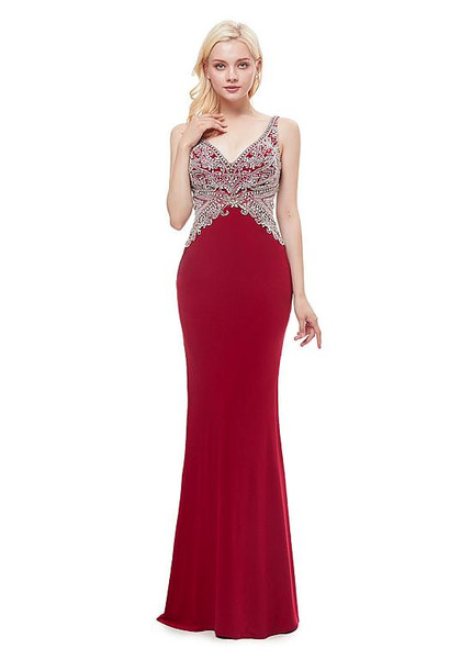 V-neck Red Beading Mermaid Prom Evening Dress 