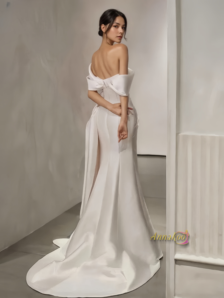Shop 2024 ANNAKOO Off The Shoulder Trumpet Mermaid Ruched Wedding Dress With Slit Under 199