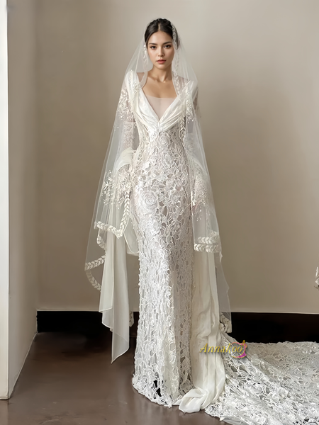 V Neck Lace Trumpet Mermaid Simple Wedding Dress 