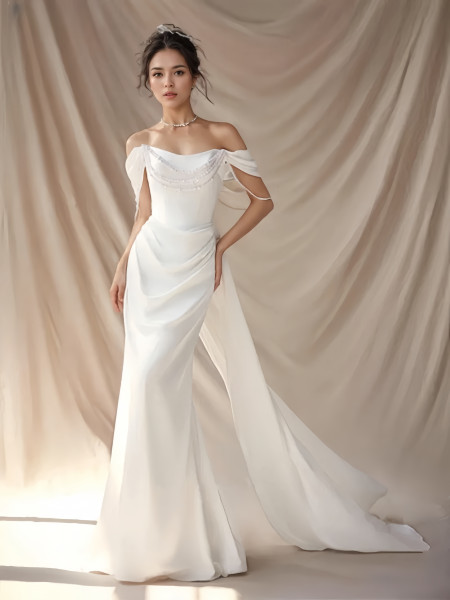 Shop 2024 ANNKOO Satin Trumpet Mermaid Off The Shoulder Pearls Wedding Dress Under 189