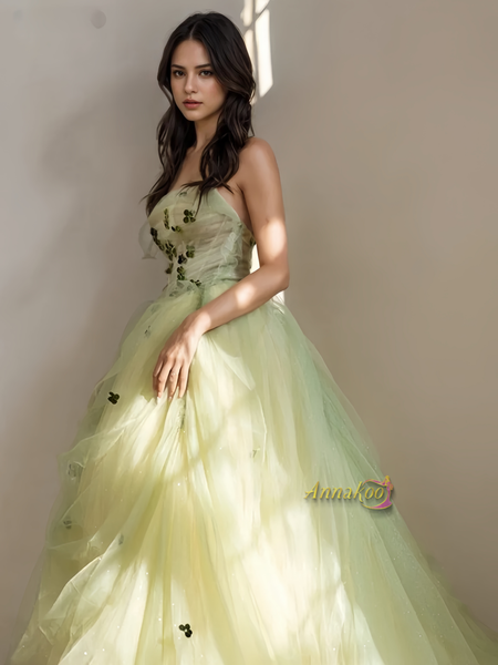 Shop 2024 ANNAKOO Green Flowers A Line Tulle Strapless Prom Dress Under 158