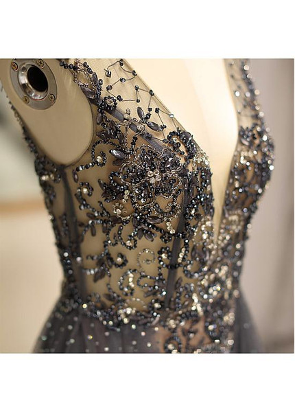  Long Tulle V-neck Champagne Sheer Beadings Prom Dress 