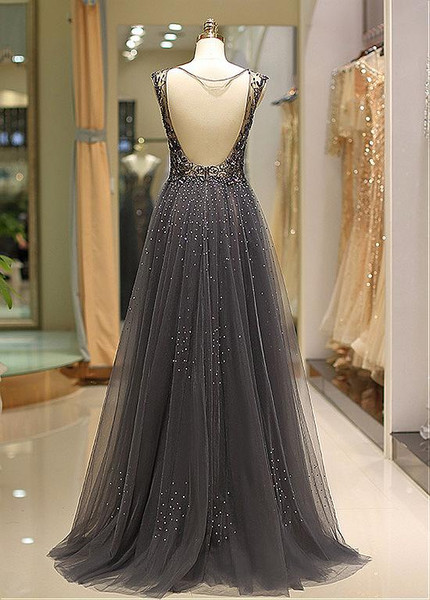  Long Tulle V-neck Champagne Sheer Beadings Prom Dress 
