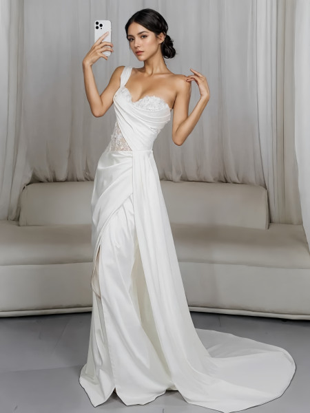 Shop 2024 ANNAKOO One Shoulder See Through Ruched Satin Wedding Dress With Slit Under 188
