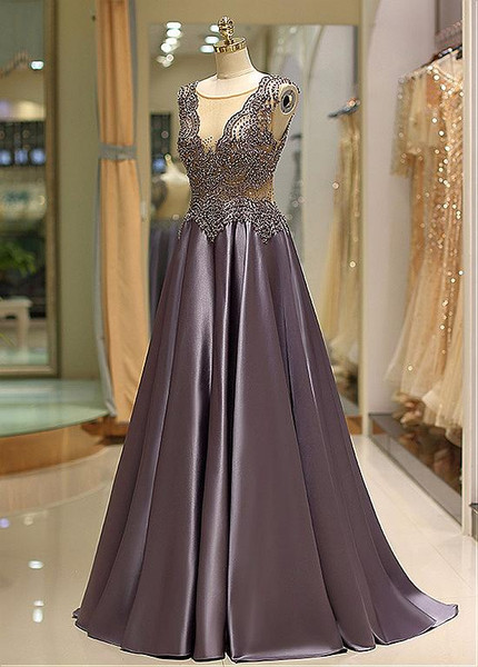 Satin Jewel Purple Sheer A-Line Long Prom Dress 