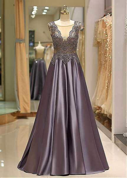 Satin Jewel Purple Sheer A-Line Long Prom Dress 