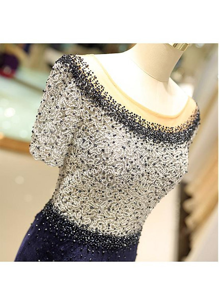 Velvet Scoop Short Sleeve Beading Mermaid Prom Dress