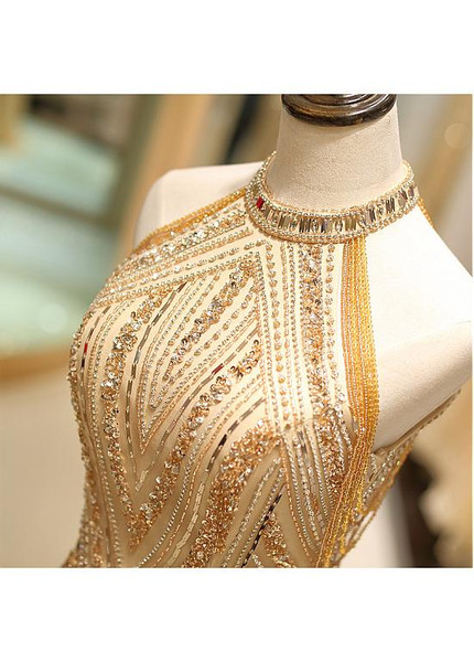 Jewel Gold Long Beading Sparkle Mermaid Prom Dress