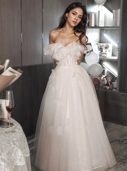 Shop 2024 ANNAKOO White Off The Shoulder Flower Wedding Dress Under 159
