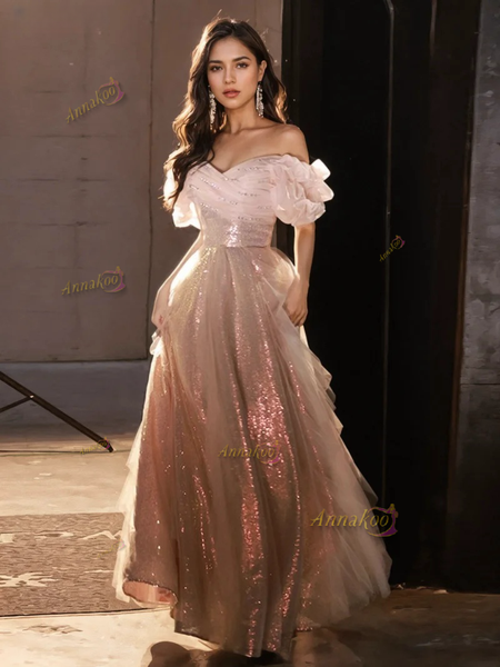 Shop 2024 ANNAKOO Sparke Pink Tulle Off The Shoulder Prom Dress Under 139