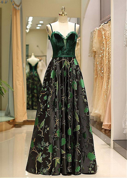 Embroidery Satin Spaghetti Straps Long Green Prom Dress