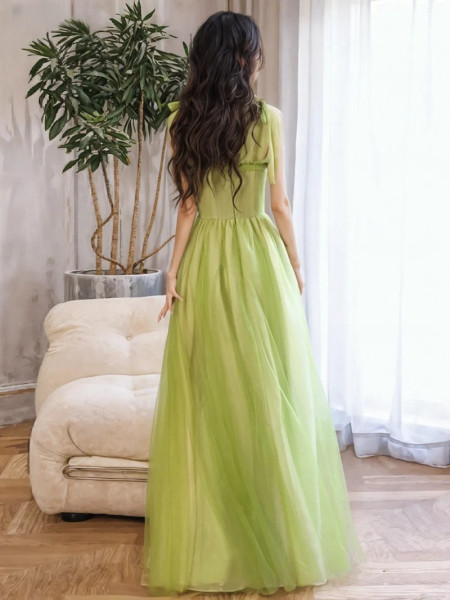 Green Tie Shoulder Floor Length Ruffles Prom Dress