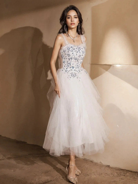 Shop 2024 ANNAKOO Spaghetti Straps Ankle Length Ruffles White Sequin Homecoming Dress Under 98