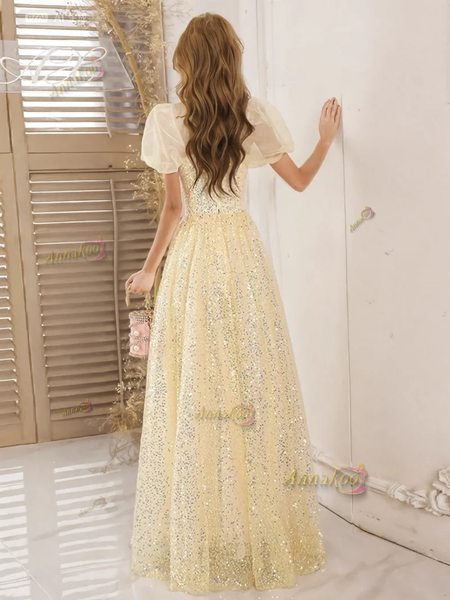 Shop 2024 ANNAKOO Short Sleeve Sweetheart Yellow Sequin Prom Dress Under 135