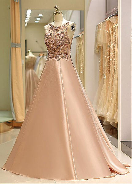  Pink Satin Jewel Long Beading  A-line Prom Dress