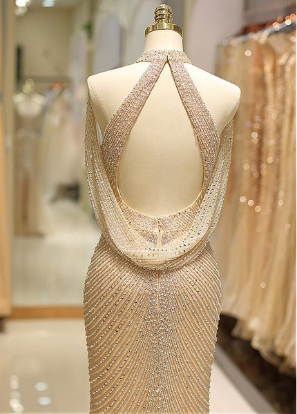 Tulle High Collar Gold Long Mermaid Evening Prom Dress