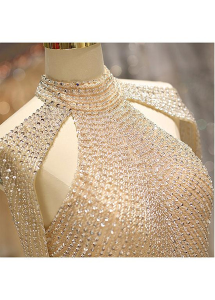 Tulle High Collar Gold Long Mermaid Evening Prom Dress