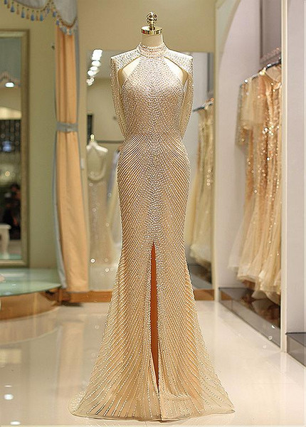 Tulle High Collar Gold Long Mermaid Evening Prom Dress