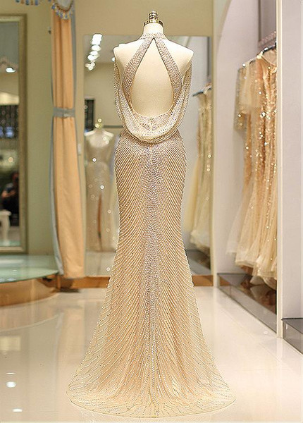 Tulle High Collar Gold Long Mermaid Evening Prom Dress