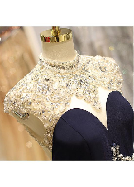 Spandex High Collar Black Beading Mermaid Evening Dress 