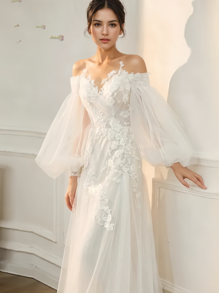 Shop 2024 ANNAKOO Long Sleeve A Line Lace Appliques Wedding Dress Under 179