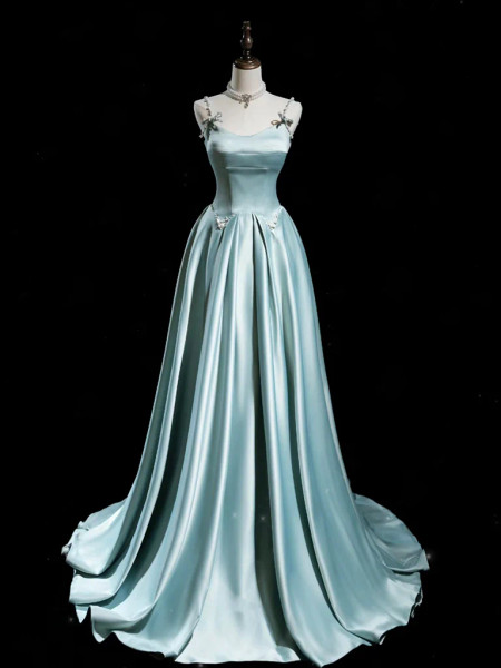 Pearls Light Blue Satin A Line Prom Dress 