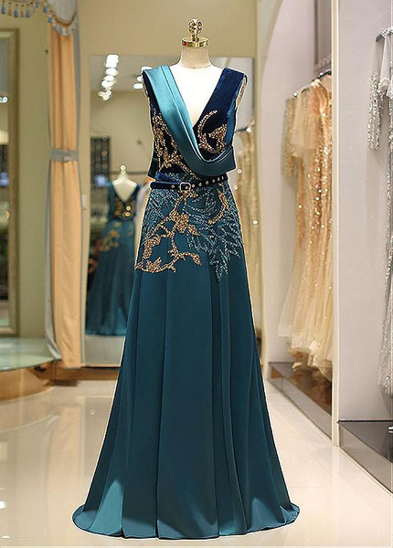 Green Satin V-neck Long Beading  A-line Formal Dress 