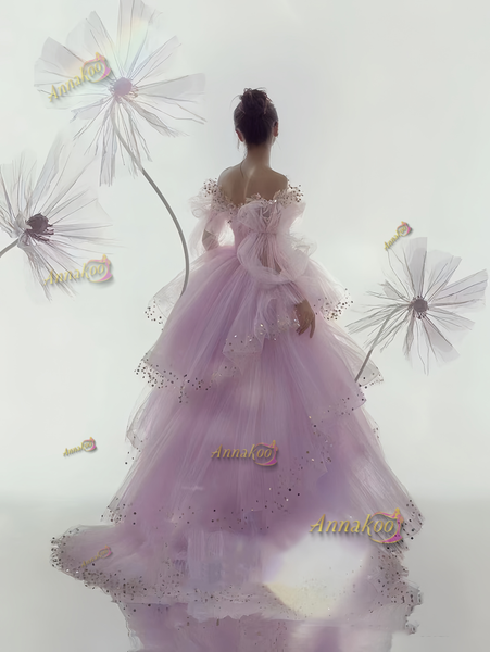 Shop 2024 ANNAKOO Lavender Long Sleeve Tulle Ruffles A Line Prom Dress Under 188