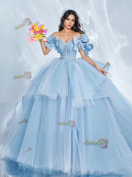 Shop 2024 ANNAKOO Puffy Sleeve Light Blue Ruffles Ball Gown Prom Dress Under 298