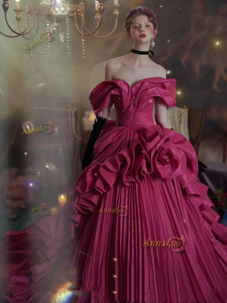 Shop 2024 ANNAKOO Fuchsia Satin Ruched Ruffles Ball Gown Prom Dress Under 348